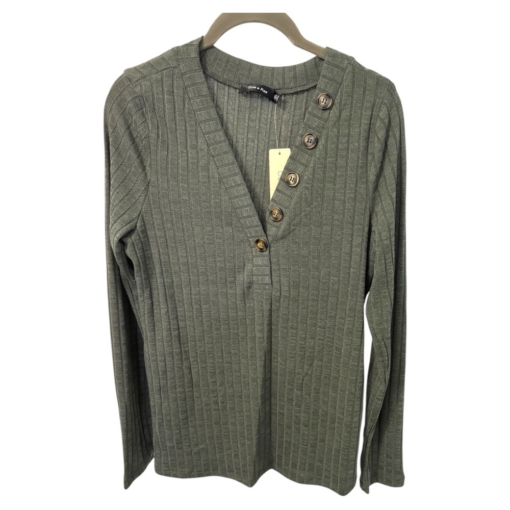 Doe & Rae Olive Green V-Neck Ribbed Sweater Size Medium